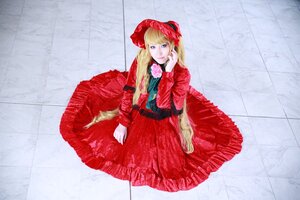 Rating: Safe Score: 0 Tags: 1girl blonde_hair blue_eyes bonnet dress flower long_hair long_sleeves looking_at_viewer red_dress rose shinku sitting solo tile_floor tiles twintails User: admin