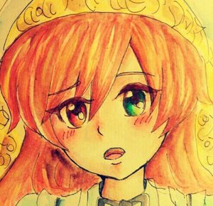 Rating: Safe Score: 0 Tags: 1girl :d bangs blush eyebrows_visible_through_hair face green_eyes hair_between_eyes image long_hair looking_at_viewer open_mouth orange_hair portrait simple_background smile solo suiseiseki traditional_media white_background User: admin