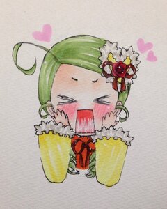 Rating: Safe Score: 0 Tags: 1girl >_< ahoge blush chibi closed_eyes earrings flower green_hair hair_ornament heart image jewelry kanaria long_sleeves solo User: admin