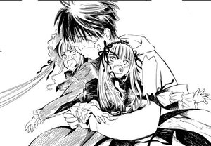 Rating: Safe Score: 0 Tags: 1boy dress frills greyscale hug hug_from_behind image long_hair long_sleeves monochrome multiple_girls open_mouth pair sakurada_jun shinku suigintou tears teeth upper_body very_long_hair User: admin