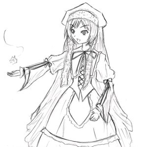 Rating: Safe Score: 0 Tags: 1girl :d cowboy_shot dress greyscale hat image long_hair long_sleeves monochrome open_mouth simple_background smile solo standing star_(symbol) suiseiseki very_long_hair white_background User: admin