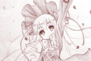 Rating: Safe Score: 0 Tags: 1girl dress hat image long_hair looking_at_viewer monochrome petals shinku solo umbrella User: admin