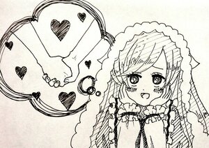 Rating: Safe Score: 0 Tags: 1girl :d blush braid dress frills hands_on_own_cheeks hands_on_own_face heart image long_hair long_sleeves looking_at_viewer monochrome open_mouth smile solo suiseiseki upper_body User: admin