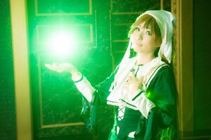 Rating: Safe Score: 0 Tags: 1girl brown_hair green_eyes green_theme long_sleeves shirt solo suiseiseki User: admin