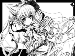 Rating: Safe Score: 0 Tags: 1girl animal_ears blush bonnet dress flower greyscale hairband image long_hair monochrome rose shinku sketch smile solo twintails very_long_hair User: admin
