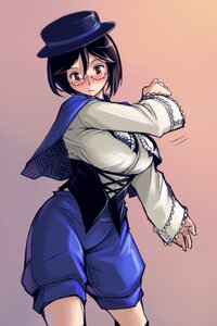 Rating: Safe Score: 0 Tags: 1girl black_hair blush breasts brown_eyes corset frills glasses hat image large_breasts long_sleeves looking_at_viewer semi-rimless_eyewear short_hair solo souseiseki underbust User: admin