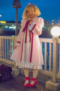 Rating: Safe Score: 0 Tags: 1girl blonde_hair dress full_body hinaichigo lamppost lantern long_sleeves railing ribbon shoes short_hair sky smile solo standing User: admin