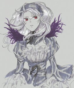 Rating: Safe Score: 0 Tags: 1girl closed_mouth dress frills grey_background image long_hair long_sleeves looking_at_viewer puffy_sleeves red_eyes ribbon simple_background solo suigintou traditional_media User: admin