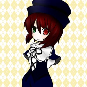 Rating: Safe Score: 0 Tags: 1girl argyle argyle_background blush brown_hair chain-link_fence checkered checkered_background checkered_floor dress green_eyes hat heterochromia honeycomb_(pattern) honeycomb_background image long_sleeves looking_at_viewer plaid_background red_eyes ribbon short_hair smile solo souseiseki tile_floor tile_wall tiles User: admin