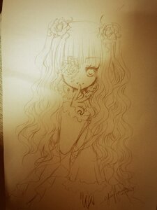 Rating: Safe Score: 0 Tags: 1girl dress flower image kirakishou long_hair long_sleeves monochrome no_nose photo signature solo traditional_media very_long_hair wavy_hair User: admin