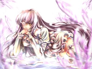 Rating: Safe Score: 0 Tags: 1girl dress eyepatch flower frills hair_flower image kirakishou long_hair looking_at_viewer lying rose solo very_long_hair white_rose yellow_eyes User: admin