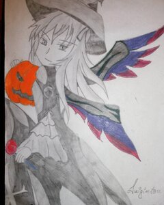 Rating: Safe Score: 0 Tags: 1girl dated food halloween hat image jack-o'-lantern letterboxed long_hair pumpkin signature smile solo suigintou traditional_media wings witch_hat User: admin