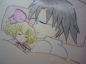 Rating: Safe Score: 0 Tags: 1boy 1girl blonde_hair blush bow closed_eyes hair_bow hinaichigo image long_sleeves parted_lips pink_bow short_hair sleeping solo traditional_media User: admin