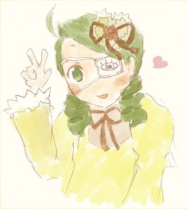 Rating: Safe Score: 0 Tags: 1girl bow green_eyes green_neckwear heart image kanaria long_sleeves solo striped upper_body v vertical_stripes yellow_dress User: admin