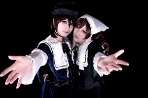 Rating: Safe Score: 0 Tags: 2girls brown_hair dress hat lips long_sleeves looking_at_viewer multiple_cosplay multiple_girls outstretched_arm outstretched_hand reaching reaching_out short_hair siblings simple_background sisters souseiseki spread_fingers suiseiseki tagme twins User: admin