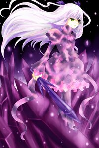Rating: Safe Score: 0 Tags: 1girl barasuishou capelet crystal dress frills holding image light_particles long_hair long_sleeves pantyhose solo tail very_long_hair weapon white_hair User: admin