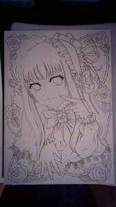 Rating: Safe Score: 0 Tags: 1girl bangs bonnet bow dress flower frame frills image lolita_fashion long_hair long_sleeves monochrome pink_rose ribbon rose shinku solo traditional_media User: admin