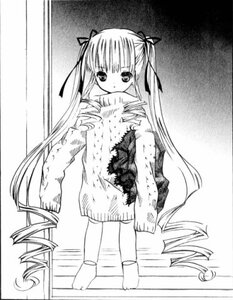 Rating: Safe Score: 0 Tags: 1girl barefoot dress full_body greyscale hair_ribbon image long_hair monochrome ribbon shinku solo standing twintails very_long_hair User: admin