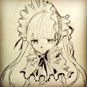 Rating: Safe Score: 0 Tags: 1girl bangs dress eyebrows_visible_through_hair hands_up image long_hair long_sleeves looking_at_viewer monochrome photo shinku solo traditional_media upper_body User: admin