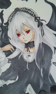 Rating: Safe Score: 0 Tags: 1girl black_dress black_ribbon black_wings detached_collar dress expressionless flower frills grey_background hairband image juliet_sleeves long_hair long_sleeves looking_at_viewer red_eyes ribbon rose simple_background solo suigintou upper_body wings User: admin