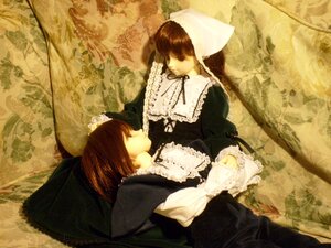 Rating: Safe Score: 0 Tags: 2girls apron bangs black_dress brown_hair closed_eyes doll dress frills long_sleeves lying multiple_dolls multiple_girls pillow sisters tagme twins User: admin