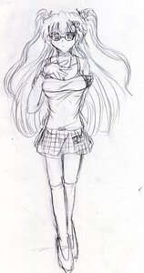 Rating: Safe Score: 0 Tags: 1girl glasses greyscale hair_ornament hands_on_own_chest image kirakishou kneehighs long_hair monochrome sketch skirt solo souryuu_asuka_langley User: admin