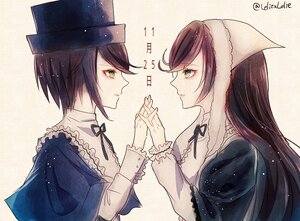 Rating: Safe Score: 0 Tags: 2girls dress eye_contact green_eyes hat holding_hands image interlocked_fingers long_hair long_sleeves looking_at_another multicolored_hair multiple_girls pair profile purple_hair ribbon short_hair sisters souseiseki striped_background suiseiseki User: admin