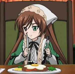 Rating: Safe Score: 0 Tags: 1girl blurry blush brown_hair dress eating food fork green_eyes heterochromia holding image long_hair long_sleeves plate red_eyes solo suiseiseki table User: admin