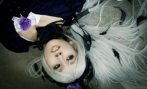 Rating: Safe Score: 0 Tags: 1girl choker feathers flower lips long_hair makeup purple_flower purple_rose red_eyes ribbon rose solo suigintou white_hair User: admin