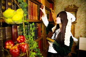 Rating: Safe Score: 0 Tags: 1girl apple book bookshelf brown_hair dress green_eyes lips long_hair nun solo suiseiseki User: admin