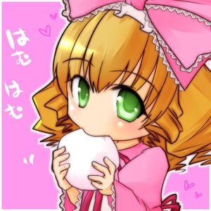 Rating: Safe Score: 0 Tags: 1girl blonde_hair bow eating food frills green_eyes hair_bow heart hina_ichigo hinaichigo image pink_background pink_bow short_hair solo upper_body User: admin