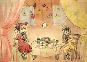Rating: Safe Score: 0 Tags: 2girls blonde_hair bonnet bow cake cup curtains dress food hat image kanaria long_hair multiple_girls pair shinku sitting star_(symbol) table tea teacup traditional_media window User: admin
