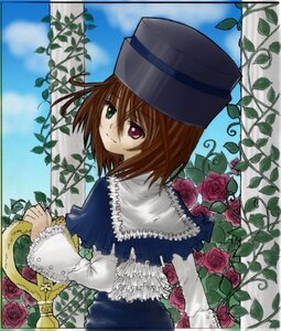 Rating: Safe Score: 0 Tags: 1girl brown_hair capelet cloud flower frills green_eyes hat heterochromia image leaf long_sleeves looking_at_viewer looking_back pink_rose plant purple_rose red_eyes red_flower red_rose rose short_hair sky smile solo souseiseki suiseiseki thorns vines User: admin