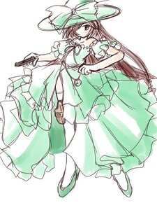 Rating: Safe Score: 0 Tags: 1girl brown_hair dress frills green_dress gun hair_over_one_eye handgun hat image long_hair pistol puffy_sleeves short_sleeves sketch solo striped suiseiseki very_long_hair weapon white_legwear User: admin