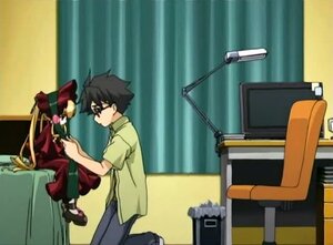 Rating: Safe Score: 0 Tags: 1boy 1girl black-framed_eyewear black_hair chair glasses image long_hair pants shinku sitting solo User: admin