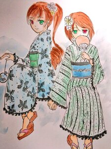 Rating: Safe Score: 0 Tags: 2girls brown_hair flower geta green_eyes hair_flower hair_ornament heterochromia image japanese_clothes kimono long_hair multiple_girls pair red_eyes sandals short_hair souseiseki suiseiseki traditional_media twins User: admin