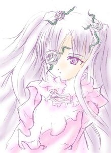 Rating: Safe Score: 0 Tags: 1girl blush dress eyepatch flower frills image kirakishou long_hair looking_at_viewer purple_eyes rose solo white_rose User: admin