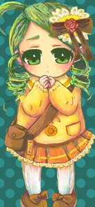 Rating: Safe Score: 0 Tags: 1girl ahoge bag blush drill_hair full_body green_eyes green_hair hair_ornament image kanaria long_sleeves pantyhose polka_dot polka_dot_background skirt solo standing twin_drills User: admin