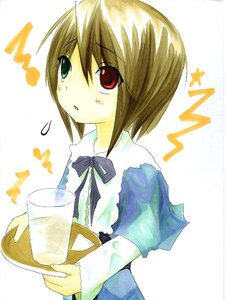 Rating: Safe Score: 0 Tags: 1girl blonde_hair cup dress food_on_face heterochromia holding image long_sleeves looking_at_viewer red_eyes short_hair simple_background solo souseiseki striped upper_body white_background User: admin