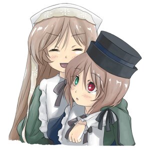 Rating: Safe Score: 0 Tags: 2girls :d auto_tagged black_ribbon blush brown_hair closed_eyes dress green_dress hat head_scarf heterochromia image long_hair long_sleeves looking_at_viewer multiple_girls open_mouth pair red_eyes siblings simple_background sisters smile souseiseki suiseiseki twins white_background User: admin