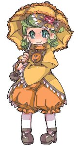Rating: Safe Score: 0 Tags: 1girl blush full_body green_hair hat holding holding_umbrella image kanaria long_sleeves parasol pixel_art smile solo standing umbrella white_background User: admin