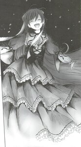 Rating: Safe Score: 0 Tags: 1girl closed_eyes dress greyscale image long_hair long_sleeves monochrome monster_girl open_mouth smile solo suiseiseki very_long_hair wide_sleeves User: admin