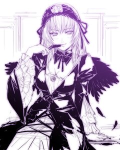 Rating: Safe Score: 0 Tags: 1girl dress feathers flower frilled_sleeves frills gradient hairband image long_hair long_sleeves looking_at_viewer monochrome photoshop_(medium) purple_theme rose rozen_maiden shirayuki_shoushirou solo suigintou User: admin