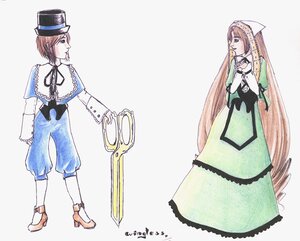 Rating: Safe Score: 0 Tags: 1boy 1girl blue_dress bow brown_hair dress gloves green_dress green_eyes hat image long_hair long_sleeves pair pants ribbon short_hair souseiseki suiseiseki top_hat very_long_hair User: admin