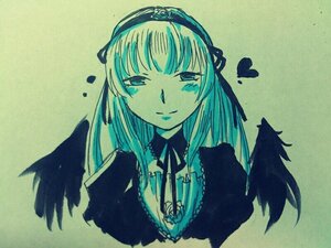 Rating: Safe Score: 0 Tags: 1girl bangs black_wings closed_mouth feathered_wings feathers frills green_background hairband heart image long_hair looking_at_viewer ribbon simple_background smile solo suigintou traditional_media upper_body wings User: admin