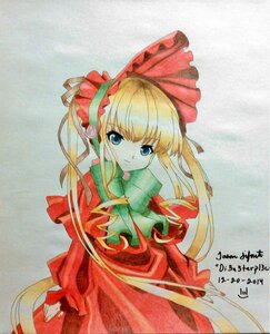 Rating: Safe Score: 0 Tags: 1girl bangs blonde_hair blue_eyes bonnet bow bowtie cowboy_shot dress green_bow green_neckwear image long_hair long_sleeves looking_at_viewer marker_(medium) red_dress shinku sidelocks solo standing traditional_media User: admin