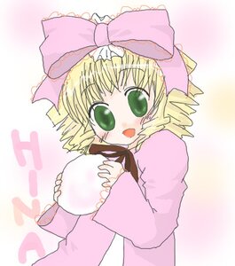 Rating: Safe Score: 0 Tags: 1girl blonde_hair blush bow dress green_eyes hina_ichigo hinaichigo holding image long_sleeves looking_at_viewer open_mouth pink_bow pink_dress short_hair solo striped upper_body User: admin