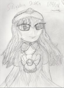 Rating: Safe Score: 0 Tags: 1girl dated dress graphite_(medium) greyscale image long_hair looking_at_viewer monochrome sketch smile solo suigintou sunglasses traditional_media User: admin