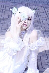 Rating: Safe Score: 0 Tags: 1girl bare_shoulders choker dress elbow_gloves flower frills gloves hair_ornament kirakishou lips long_hair solo white_hair User: admin