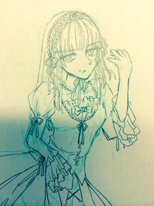 Rating: Safe Score: 0 Tags: 1girl dress frills hairband image juliet_sleeves long_hair long_sleeves looking_at_viewer monochrome puffy_sleeves ribbon solo suigintou traditional_media User: admin